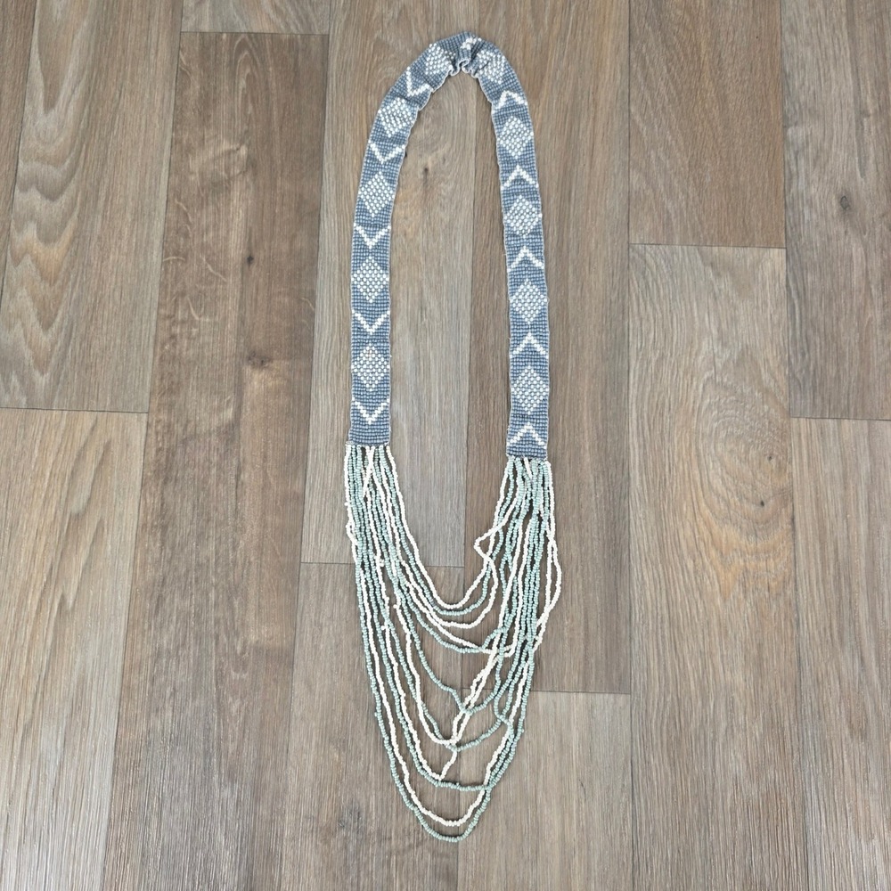 Beaded Waterfall Necklace Grey White Green Multi Strand Statement Boho